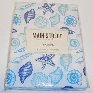 Main Street Fabric Tablecloth 60" x 102" Oblong Shells Beach Blue White NEW